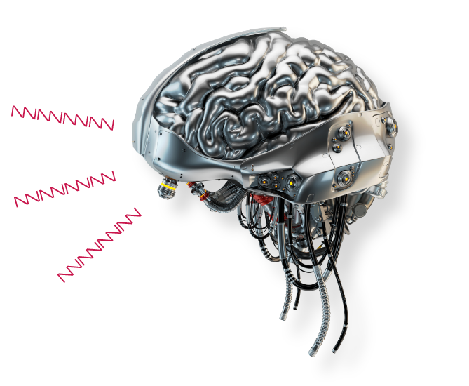 Hirn in Darstellungsart eines mechanischen Bauteils aus Aluminium mit Verkabelung, die die Nervenstränge darstellen sollen.